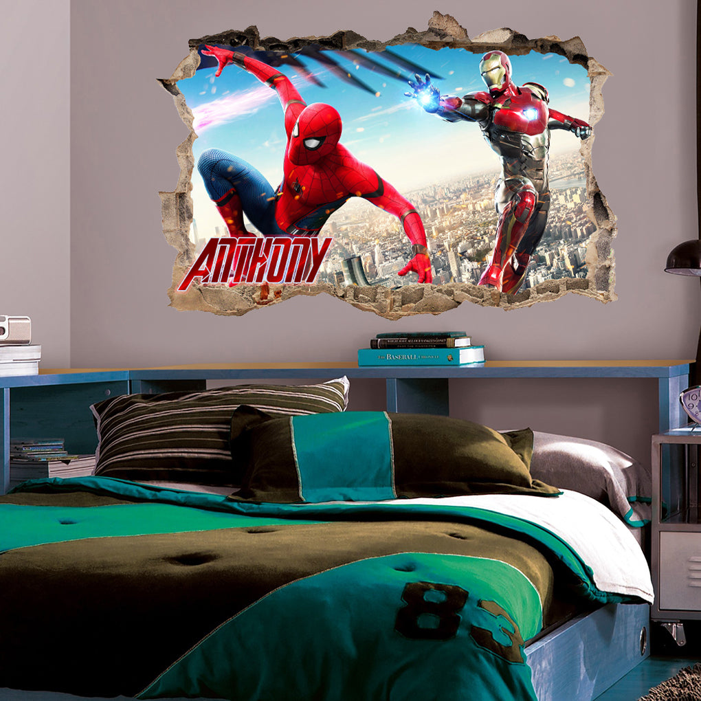 Spider-Man Iron Man Personnalisé 3D Smashed Bricks Decal Wall Sticker WP269