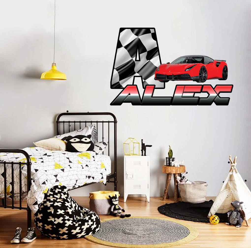 RACE CAR Kids Personnalisé Custom Name Wall Sticker Decal WP273