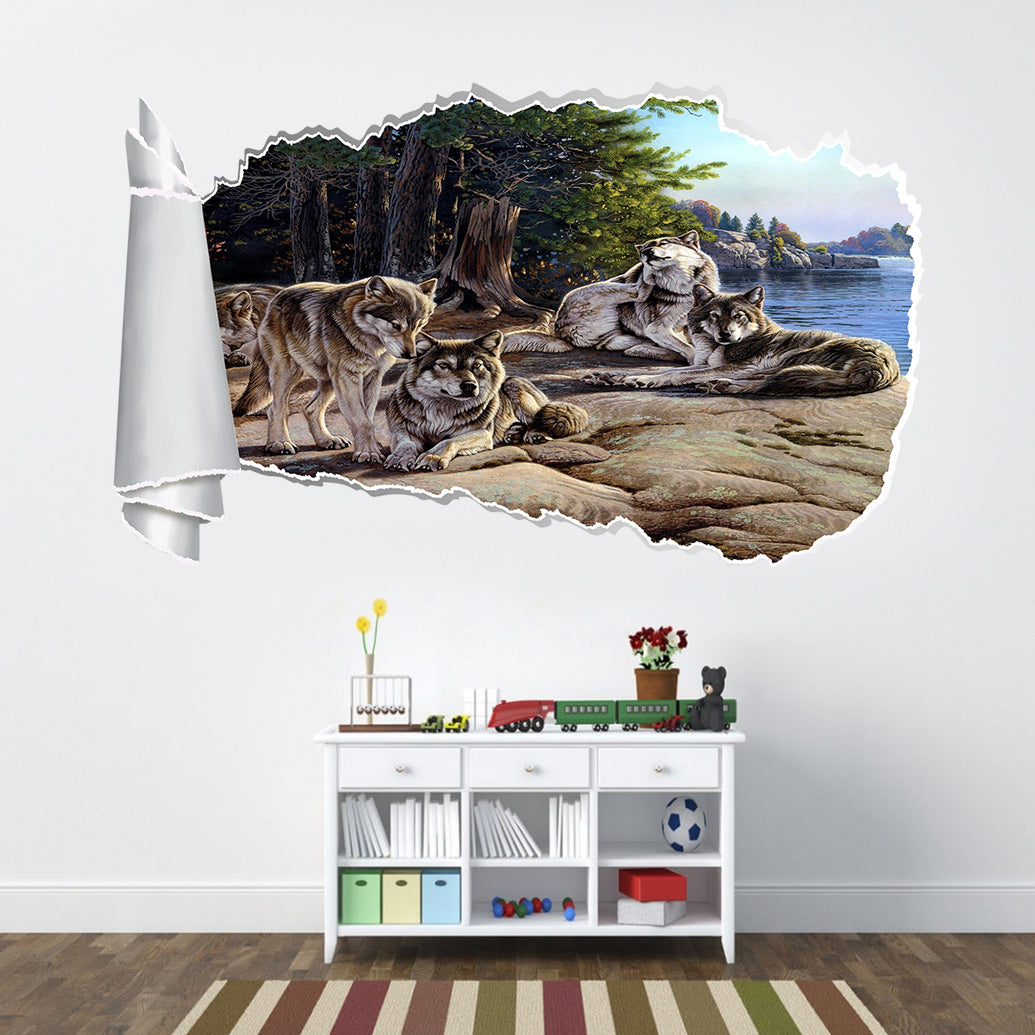 Wolves 3D Torn Paper Hole Ripped Effect Decal Wall Sticker