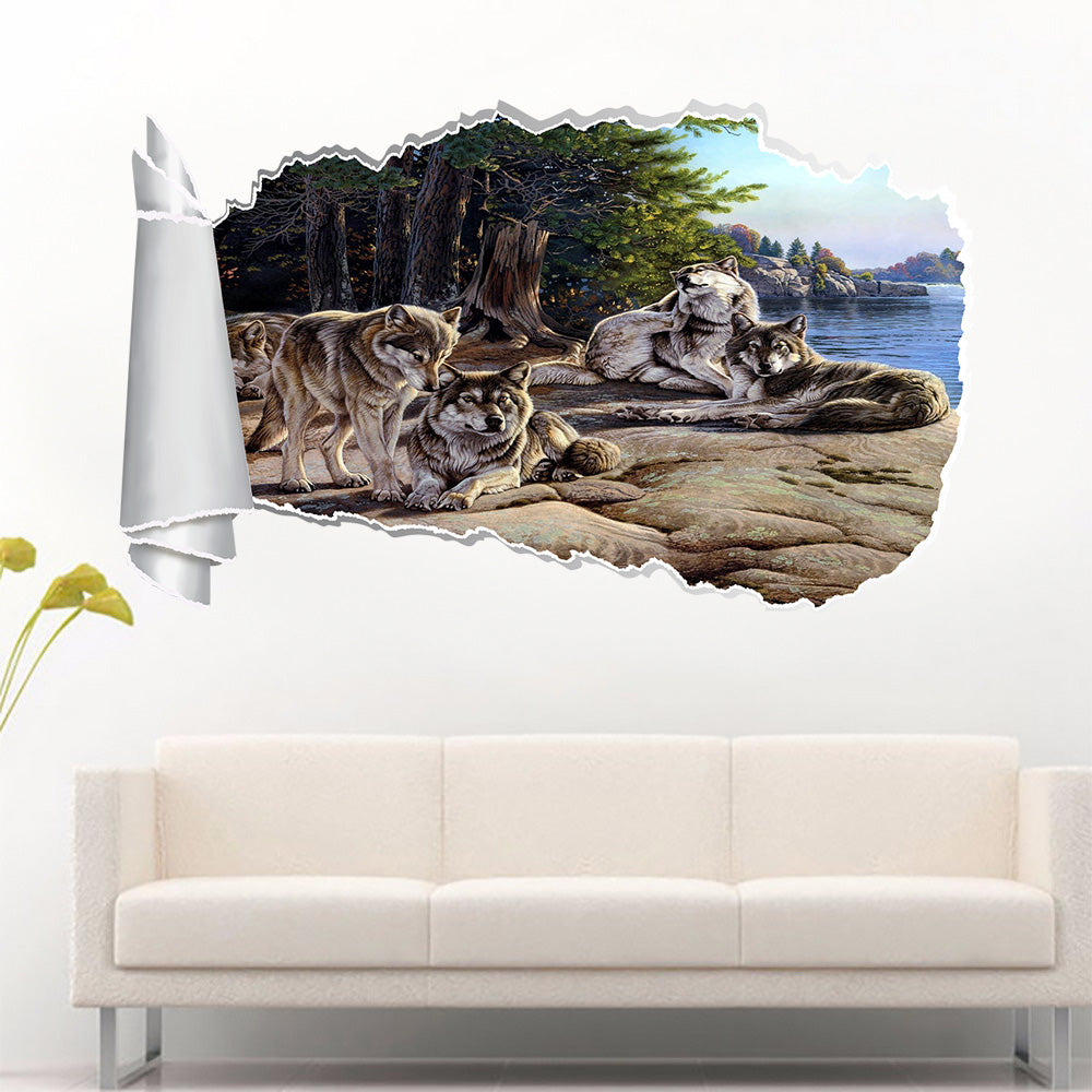 Wolves 3D Torn Paper Hole Ripped Effect Decal Wall Sticker