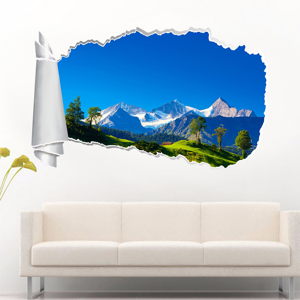Mountains Alps 3D Torn Paper Hole Ripped Effect Decal Wall Sticker