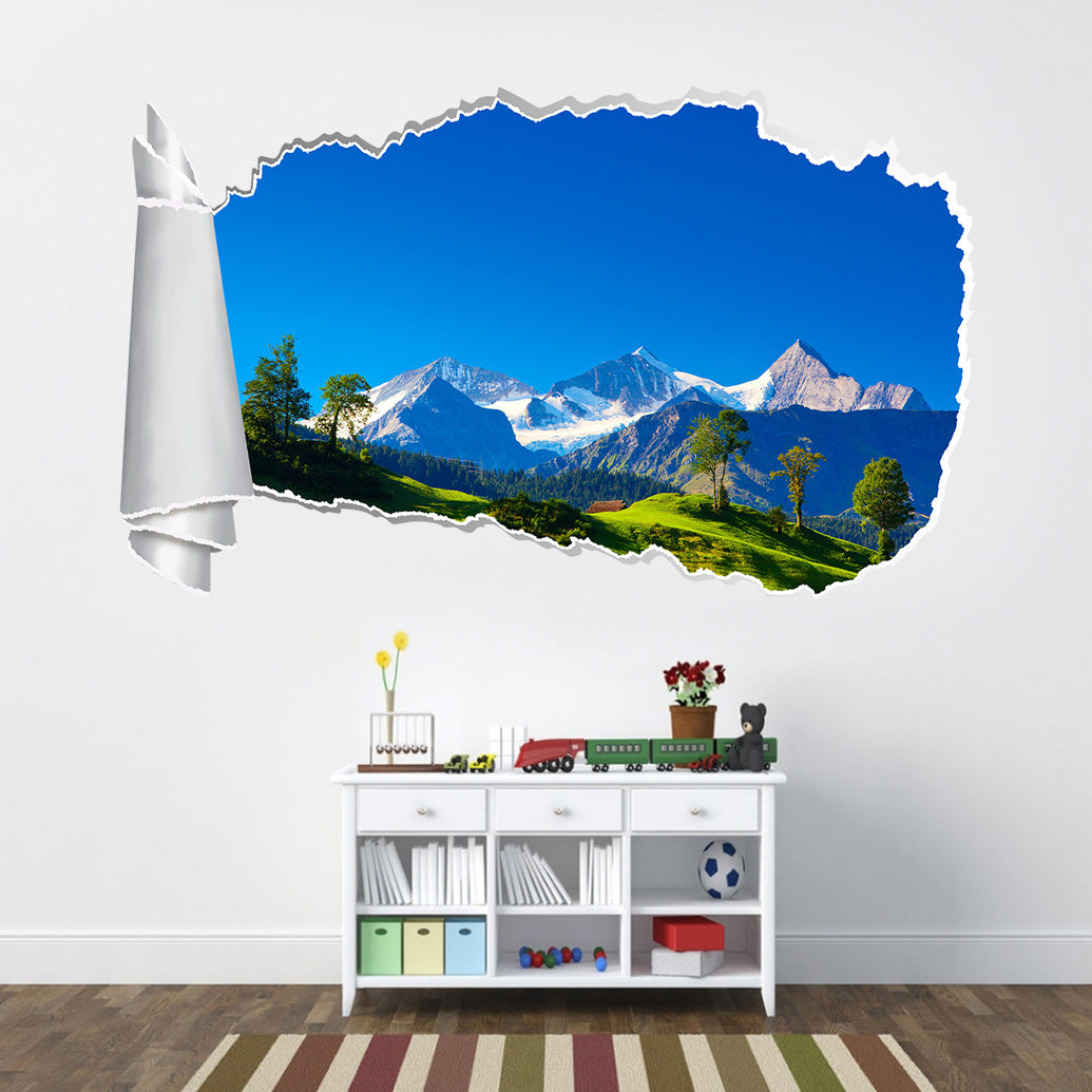 Mountains Alps 3D Torn Paper Hole Ripped Effect Decal Wall Sticker