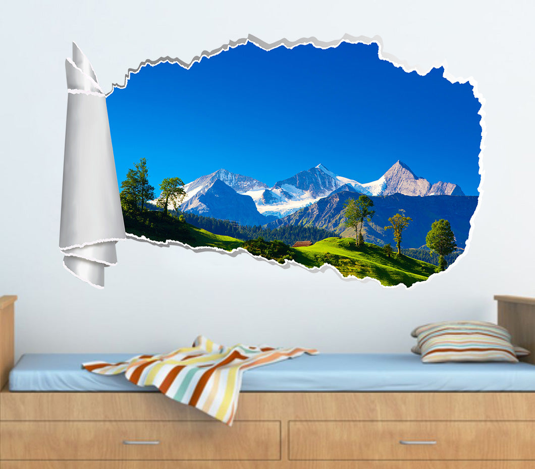 Mountains Alps 3D Torn Paper Hole Ripped Effect Decal Wall Sticker