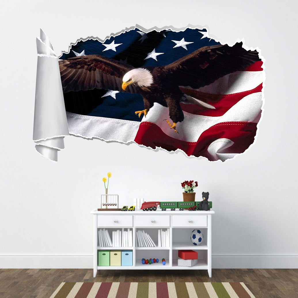 Eagle American Flag 3D Torn Paper Hole Ripped Effect Decal Wall Sticker