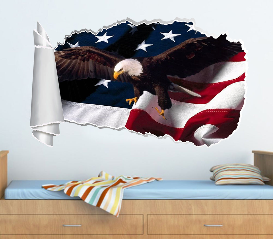 Eagle American Flag 3D Torn Paper Hole Ripped Effect Decal Wall Sticker