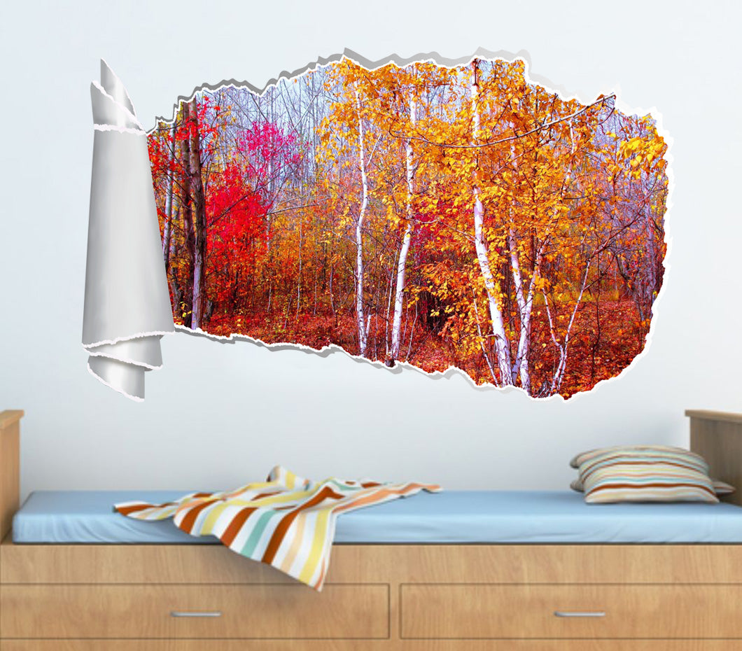 Autumn Red Forest Trees 3D Torn Paper Hole Ripped Effect Decal Wall Sticker
