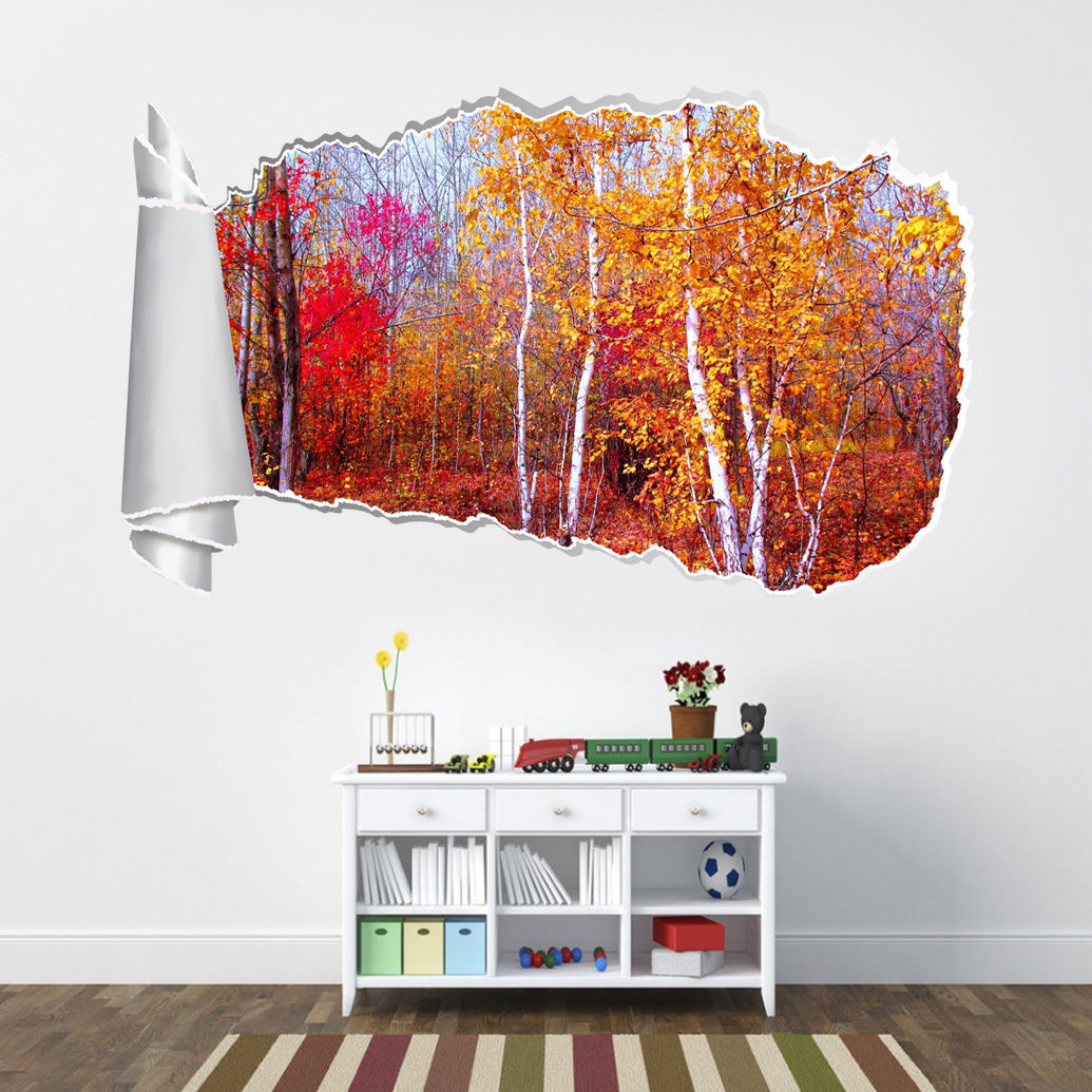 Autumn Red Forest Trees 3D Torn Paper Hole Ripped Effect Decal Wall Sticker