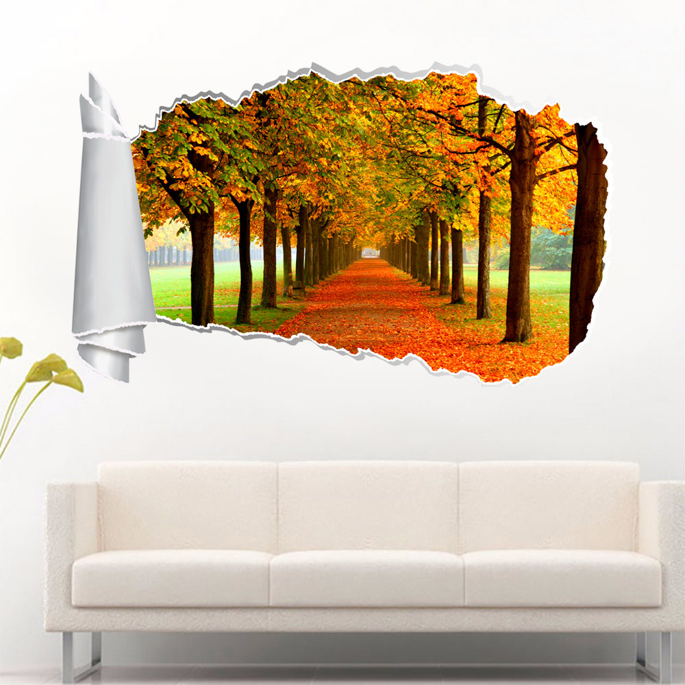 Autumn Forest Trees Leaves 3D Torn Paper Hole Ripped Effect Decal Wall Sticker
