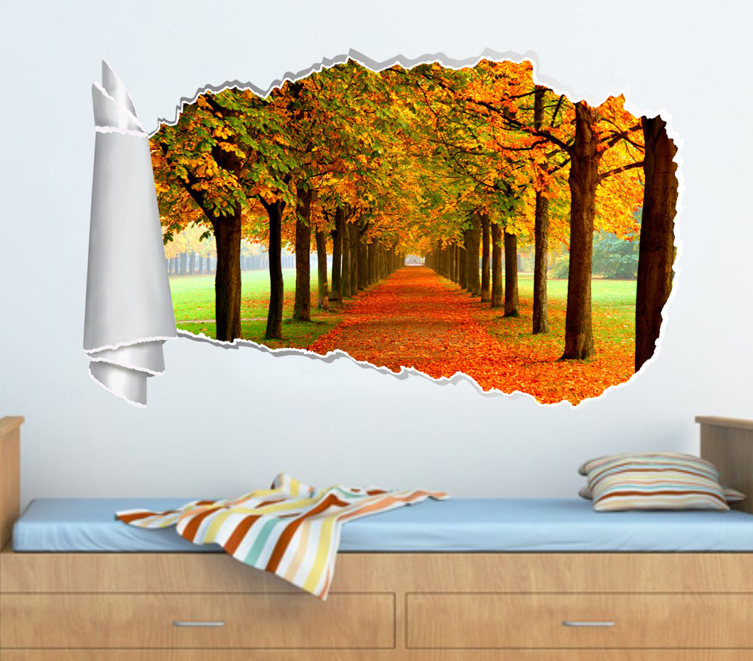 Autumn Forest Trees Leaves 3D Torn Paper Hole Ripped Effect Decal Wall Sticker