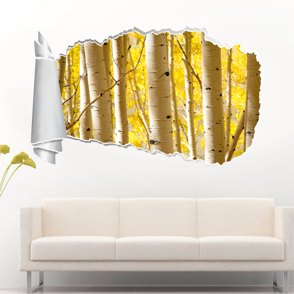 Yellow Birch Trees 3D Torn Paper Hole Ripped Effect Decal Wall Sticker