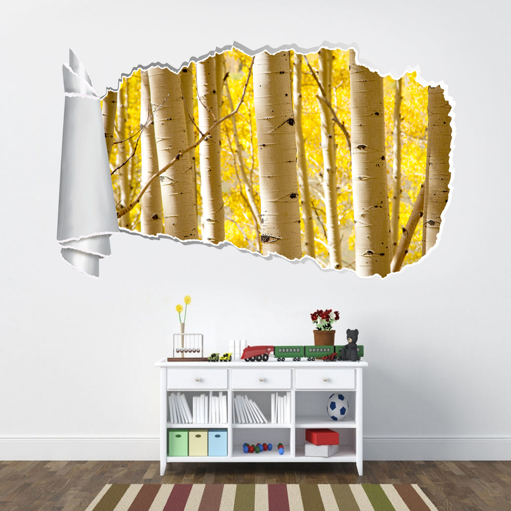 Yellow Birch Trees 3D Torn Paper Hole Ripped Effect Decal Wall Sticker