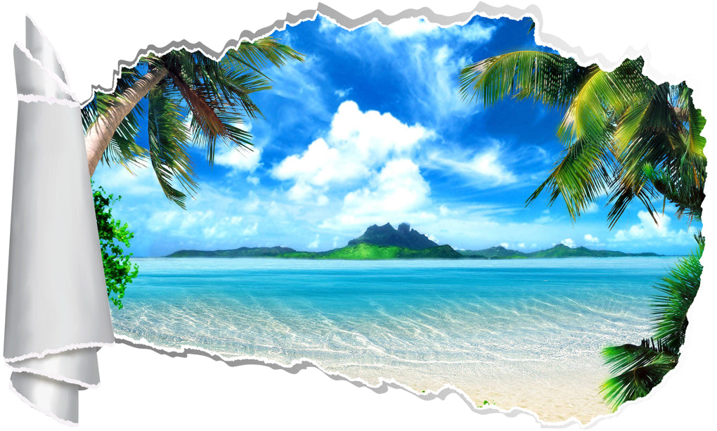 Exotic Tropical Beach 3D Torn Paper Hole Ripped Effect Decal Wall Sticker