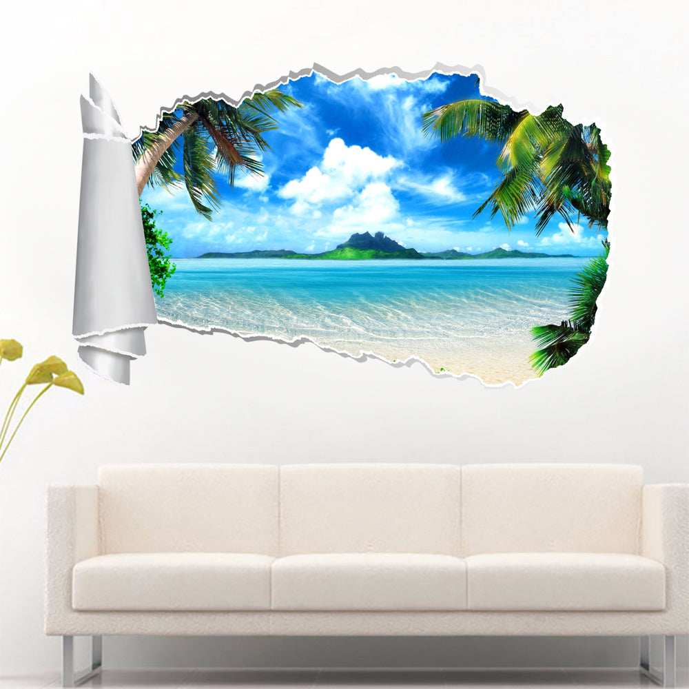 Exotic Tropical Beach 3D Torn Paper Hole Ripped Effect Decal Wall Sticker