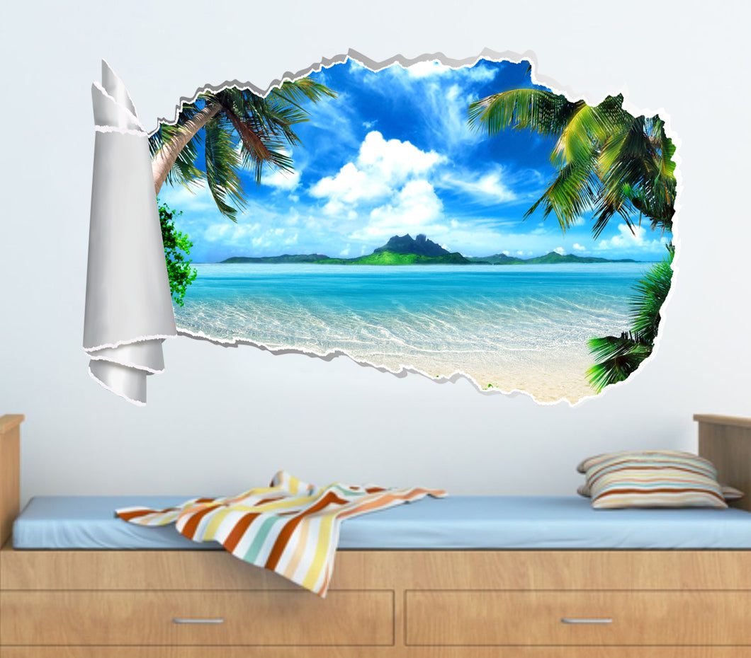 Exotic Tropical Beach 3D Torn Paper Hole Ripped Effect Decal Wall Sticker