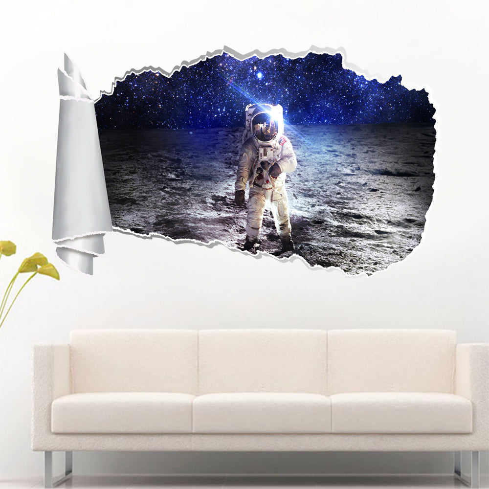Astronaut In Space Moon 3D Torn Paper Hole Ripped Effect Decal Wall Sticker