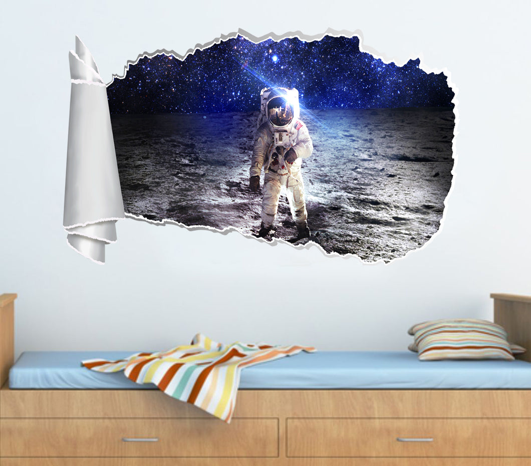 Astronaut In Space Moon 3D Torn Paper Hole Ripped Effect Decal Wall Sticker