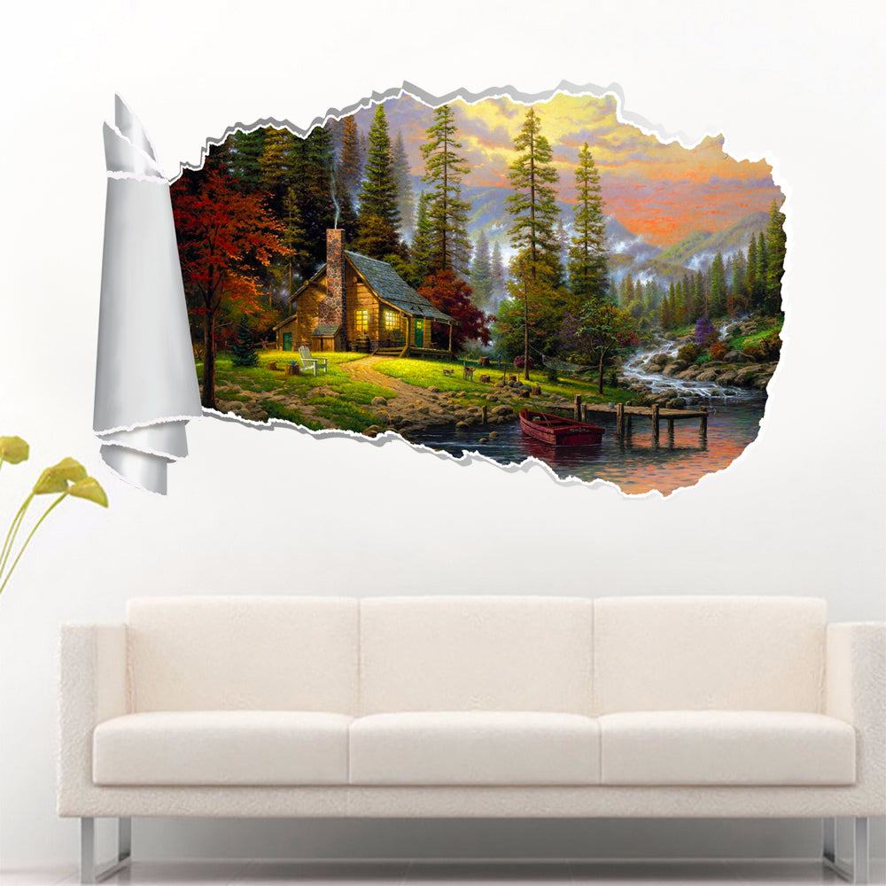 Cabin In The Woods 3D Torn Paper Hole Ripped Effect Decal Wall Sticker