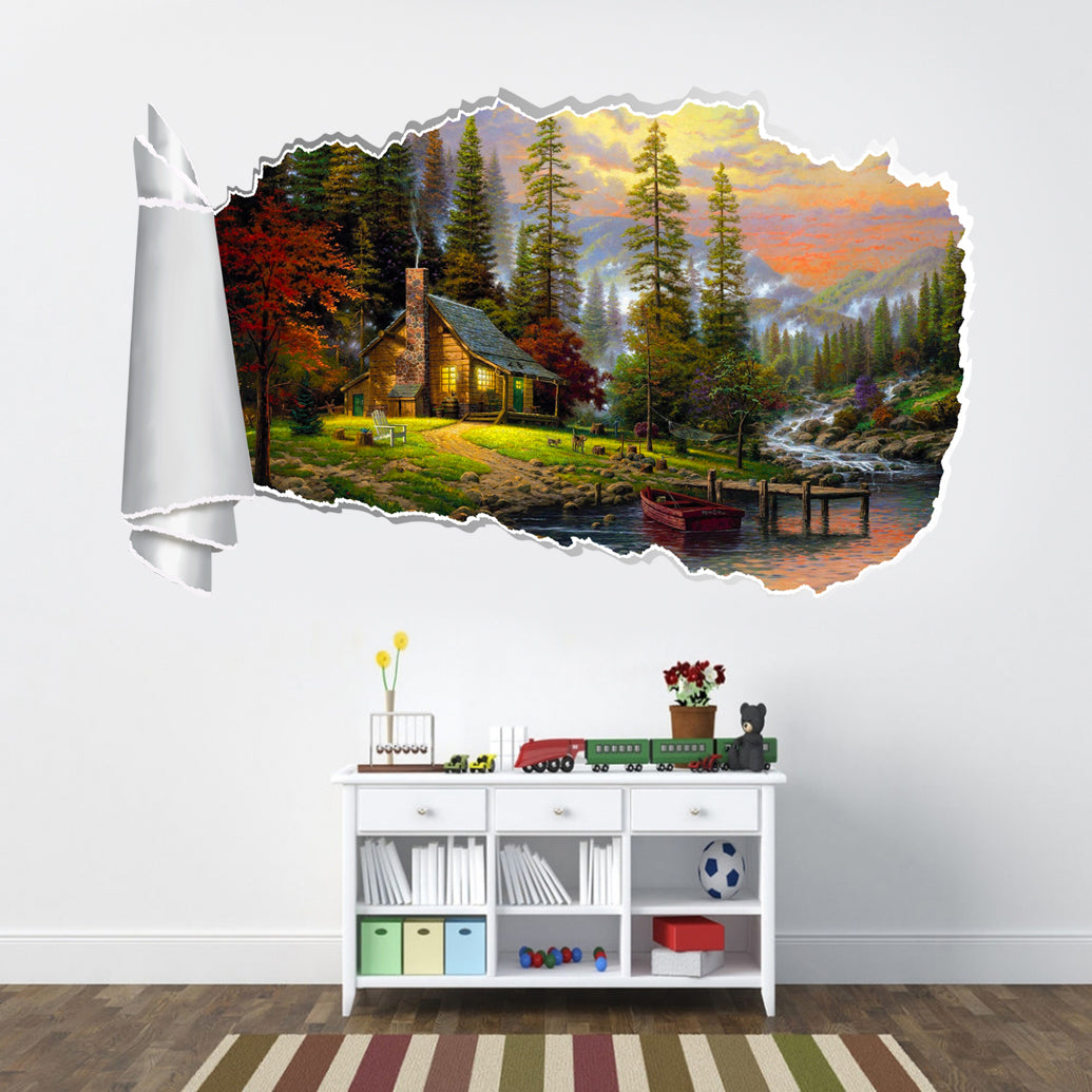 Cabin In The Woods 3D Torn Paper Hole Ripped Effect Decal Wall Sticker
