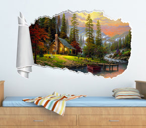 Cabine dans les bois 3D Torn Paper Hole Ripped Effect Autocollant mur décalcomanique