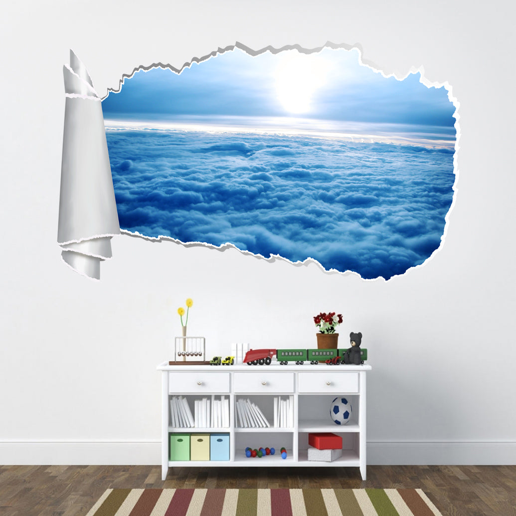 Clouds Sky 3D Torn Paper Hole Ripped Effect Decal Wall Sticker
