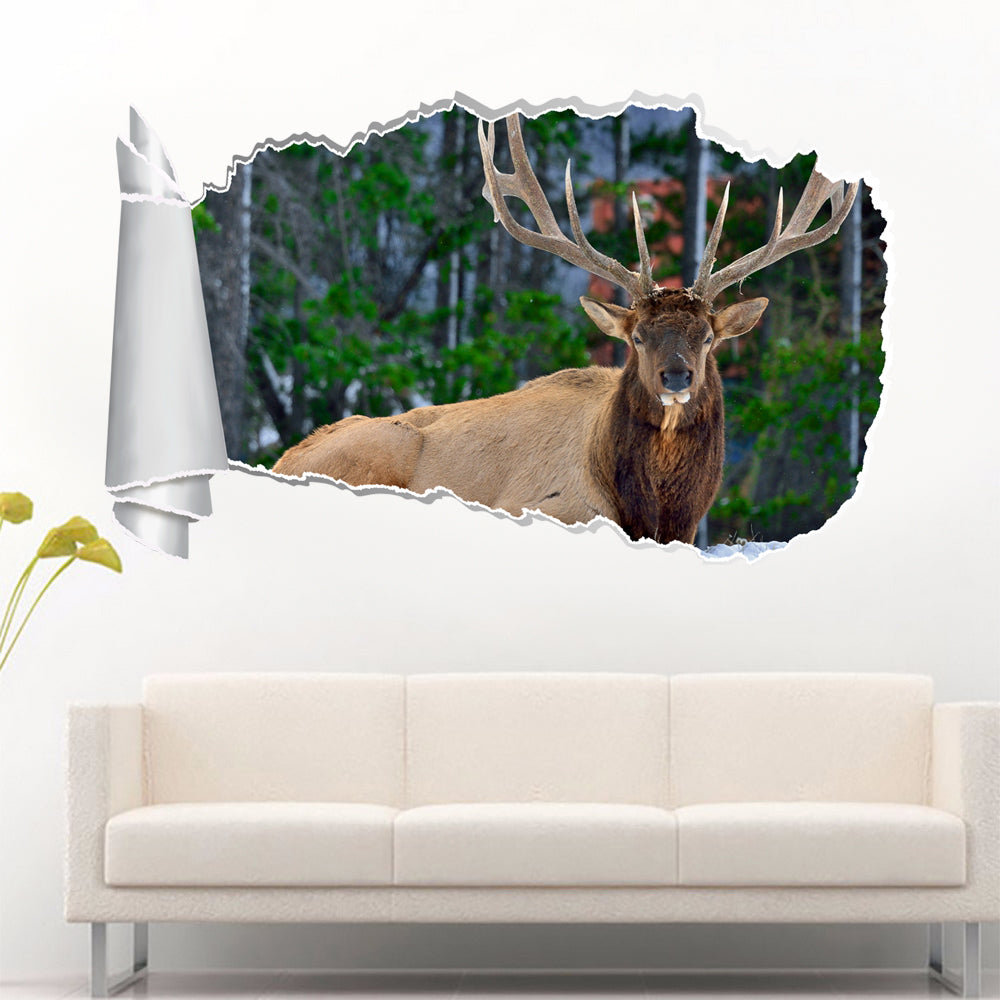 Deer In Snow 3D Torn Paper Hole Ripped Effect Decal Wall Sticker