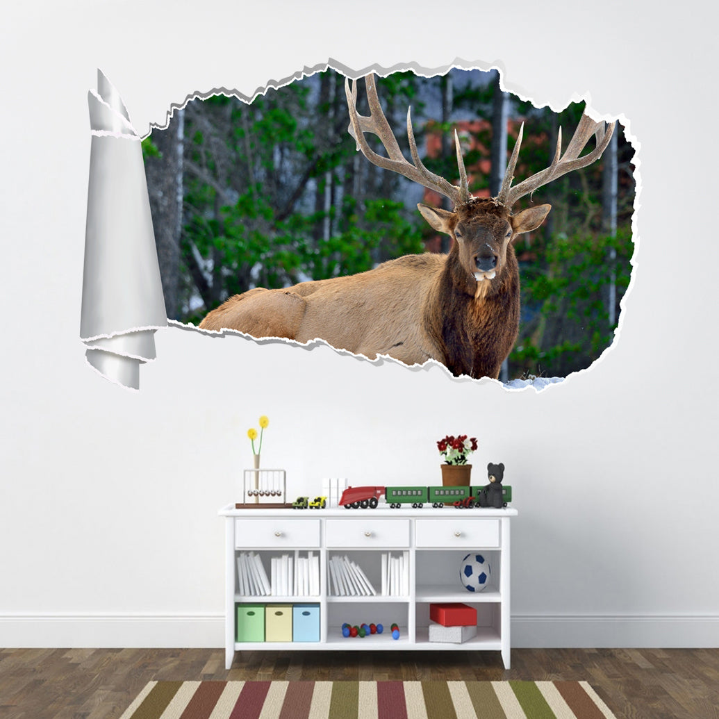 Deer In Snow 3D Torn Paper Hole Ripped Effect Decal Wall Sticker