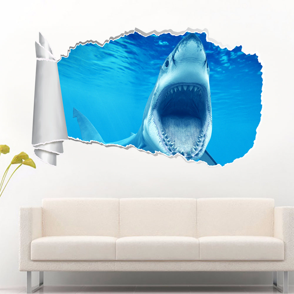 Grand requin blanc 3D trou de papier déchiré autocollant mural effet déchiré