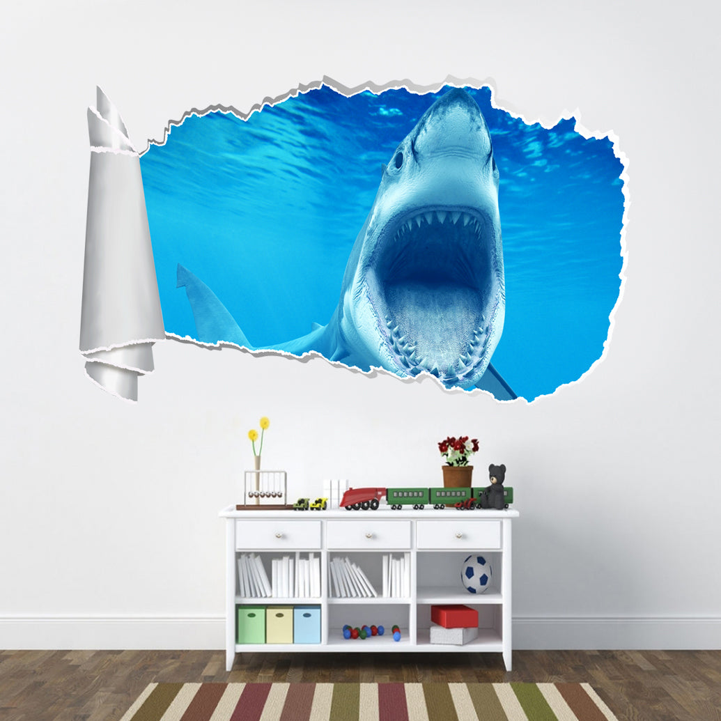 Grand requin blanc 3D trou de papier déchiré autocollant mural effet déchiré