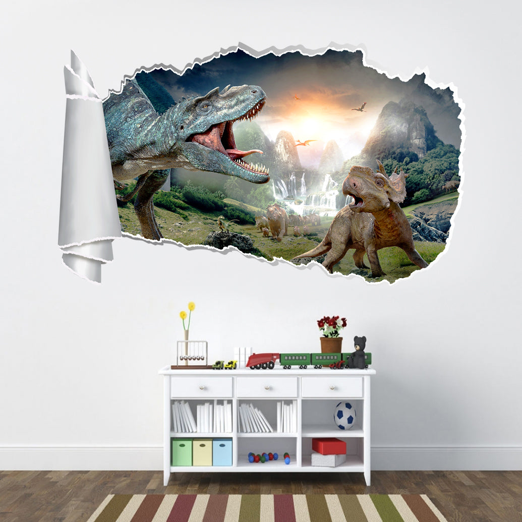 Dinosaurs Fantasy 3D Torn Paper Hole Ripped Effect Autocollant mural décalcomanies