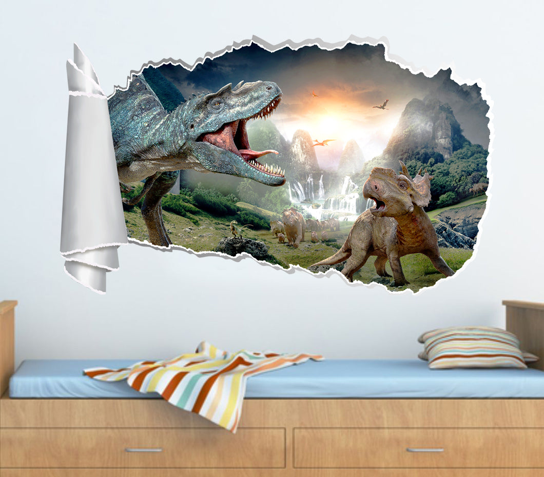 Dinosaurs Fantasy 3D Torn Paper Hole Ripped Effect Autocollant mural décalcomanies