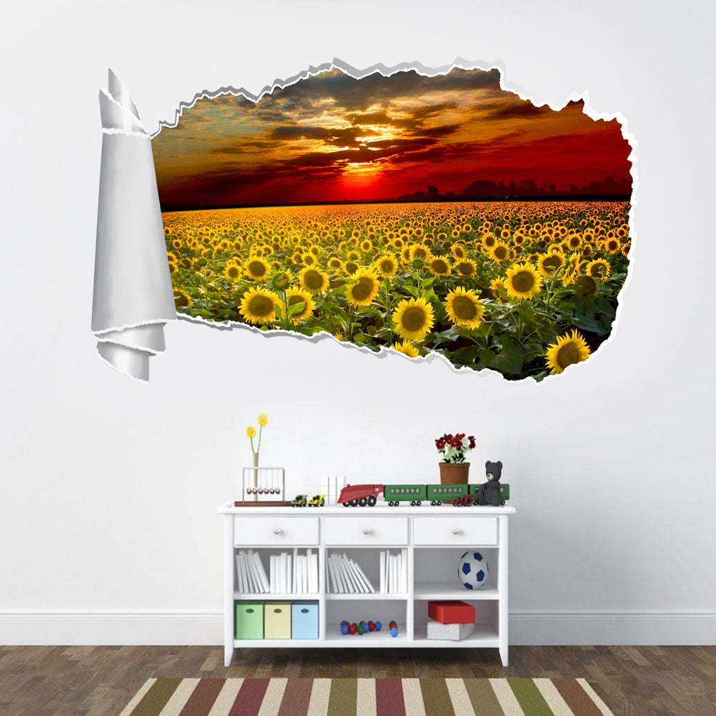Sunflower Field Sunset 3D Torn Paper Hole Ripped Effect Autocollant mural décalcomanies