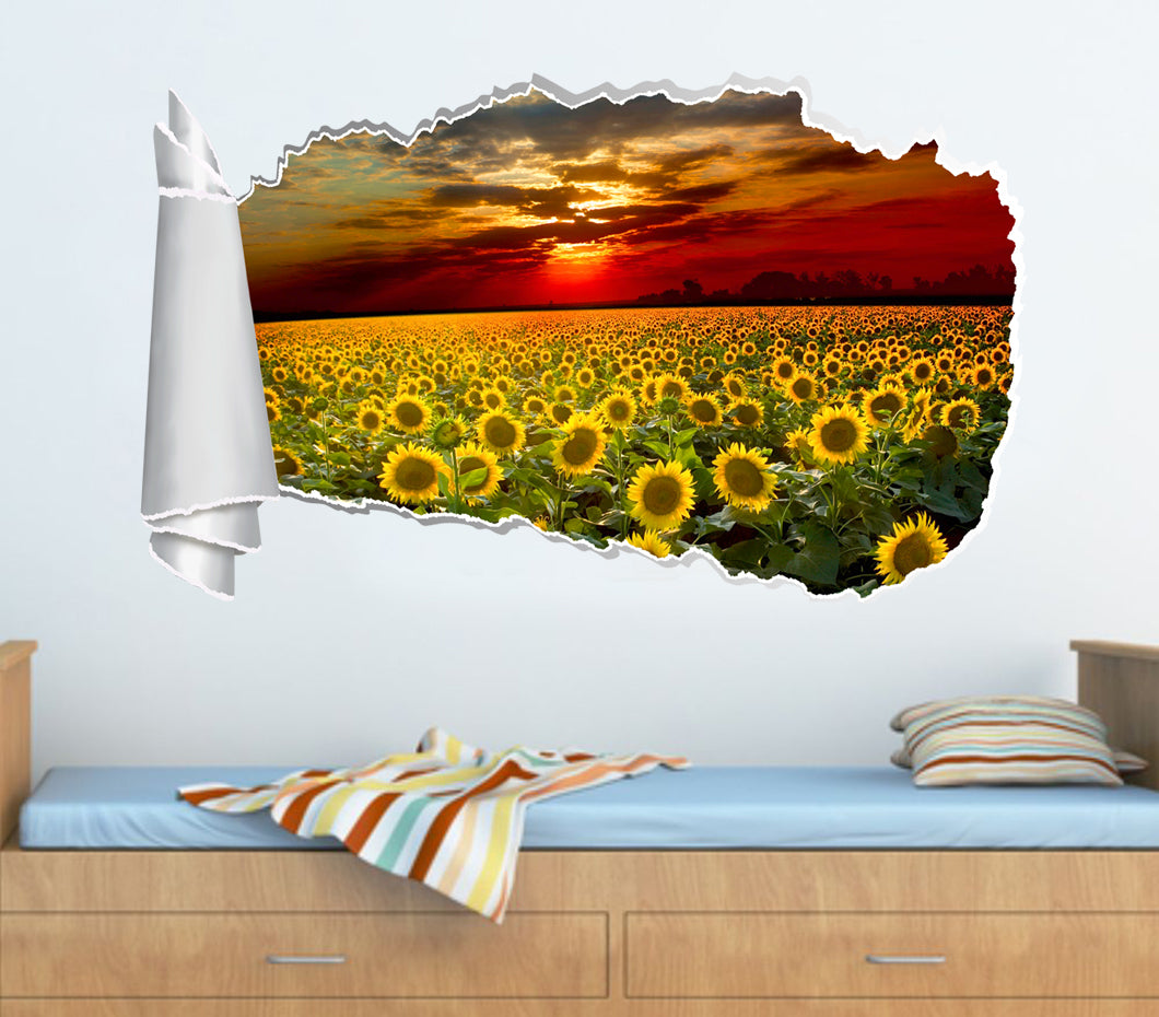 Sunflower Field Sunset 3D Torn Paper Hole Ripped Effect Autocollant mural décalcomanies