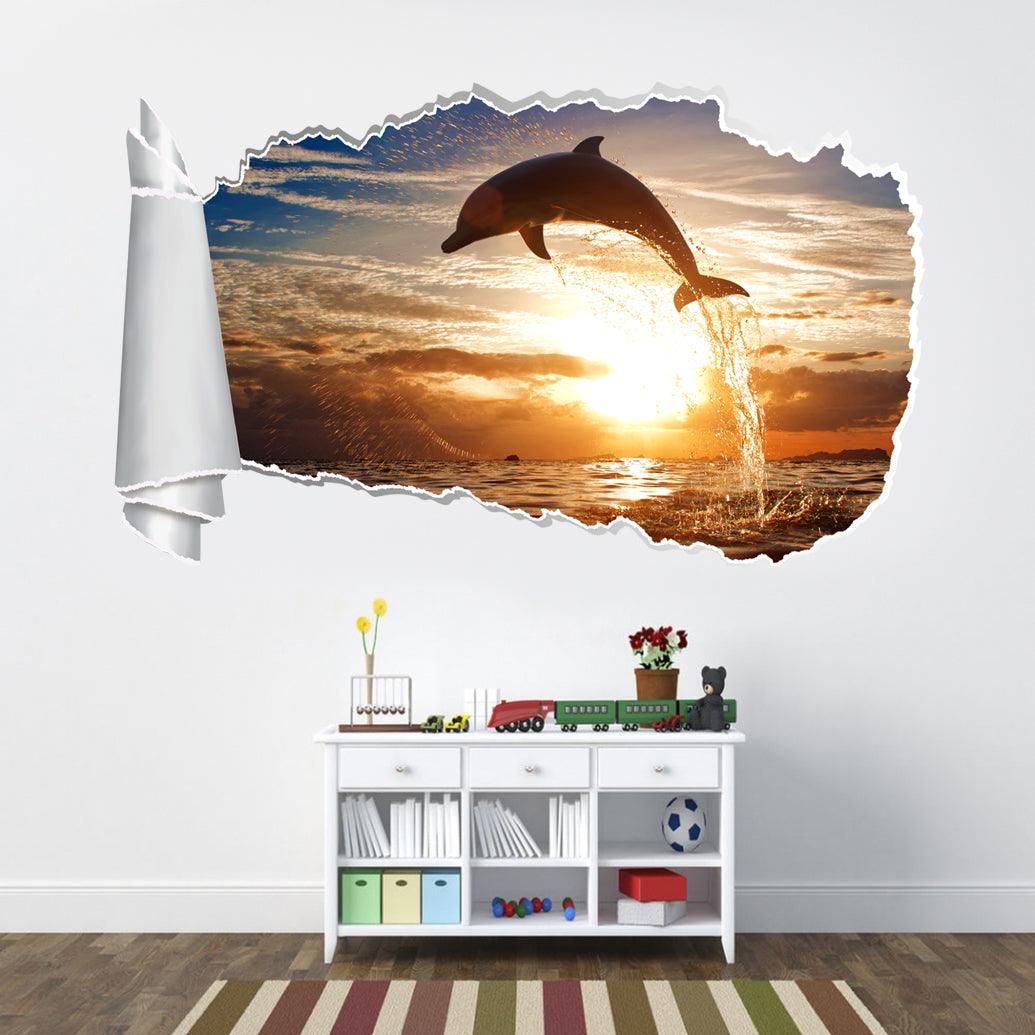 Dolphin Sunset 3D Torn Paper Hole Ripped Effect Decal Wall Sticker