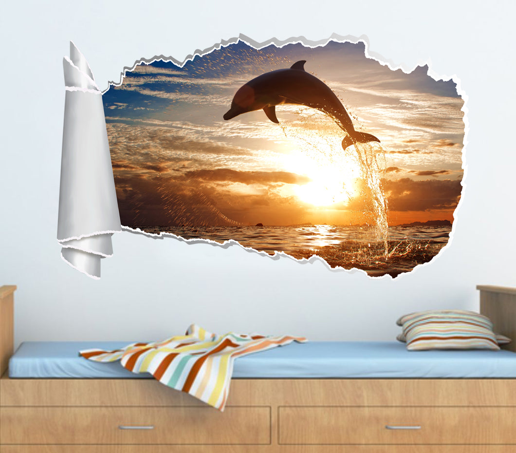 Dolphin Sunset 3D Torn Paper Hole Ripped Effect Decal Wall Sticker