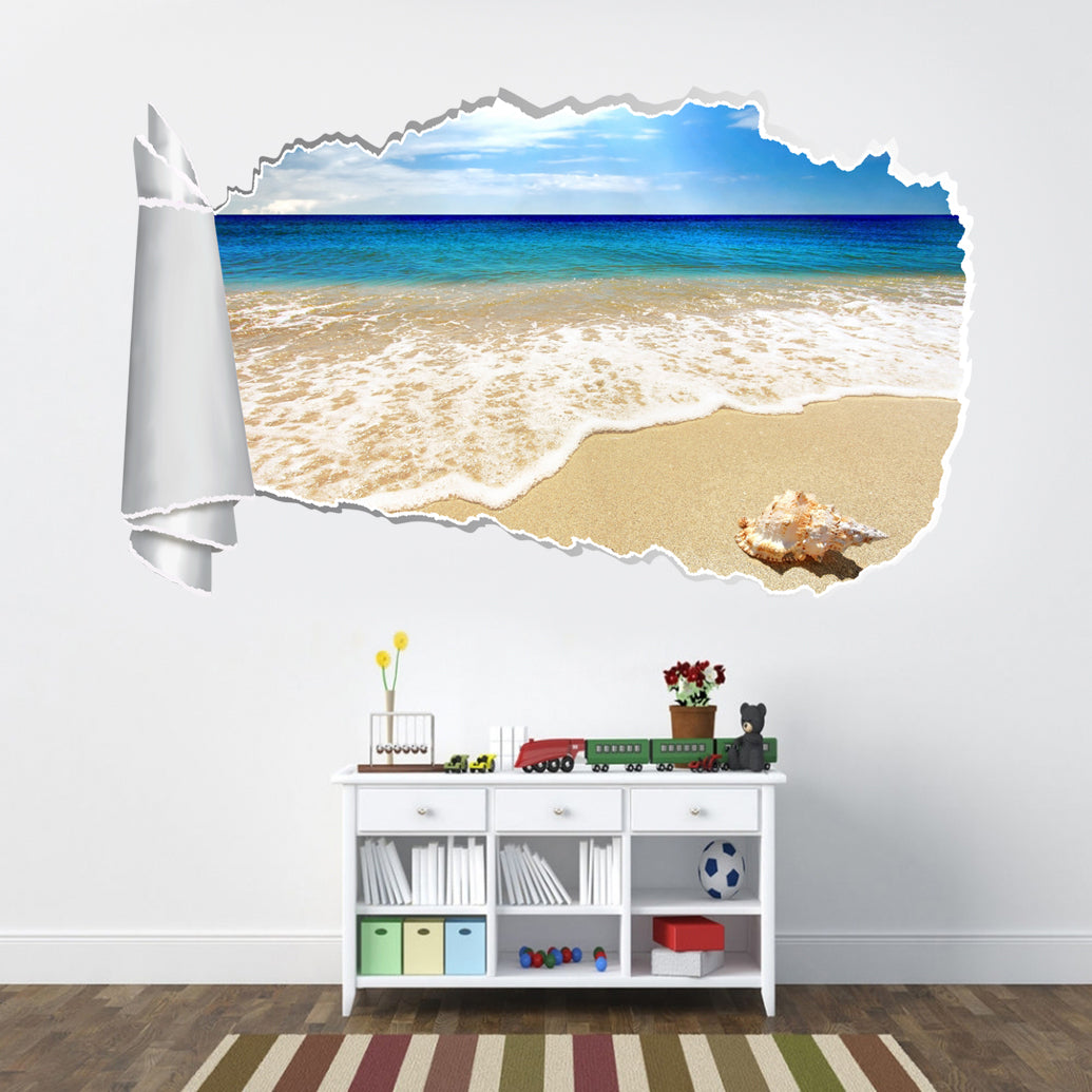 Exotic Beach Waves 3D Torn Paper Hole Ripped Effect Decal Wall Sticker