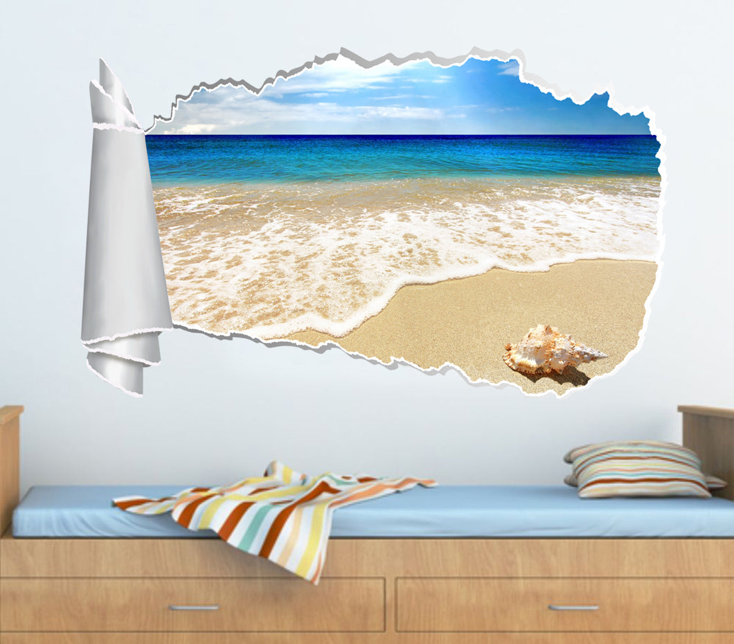 Exotic Beach Waves 3D Torn Paper Hole Ripped Effect Decal Wall Sticker