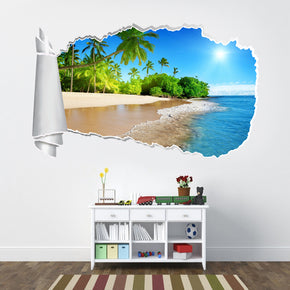 Autocollant exotique de mur déchiré de trou de papier déchiré de palm beach 3D