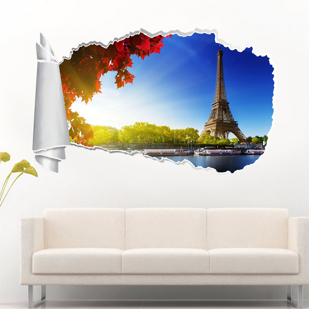 Eiffel Tower Paris 3D Torn Paper Hole Ripped Effect Decal Wall Sticker