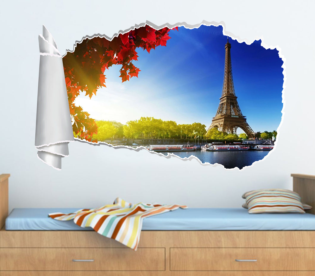 Eiffel Tower Paris 3D Torn Paper Hole Ripped Effect Decal Wall Sticker