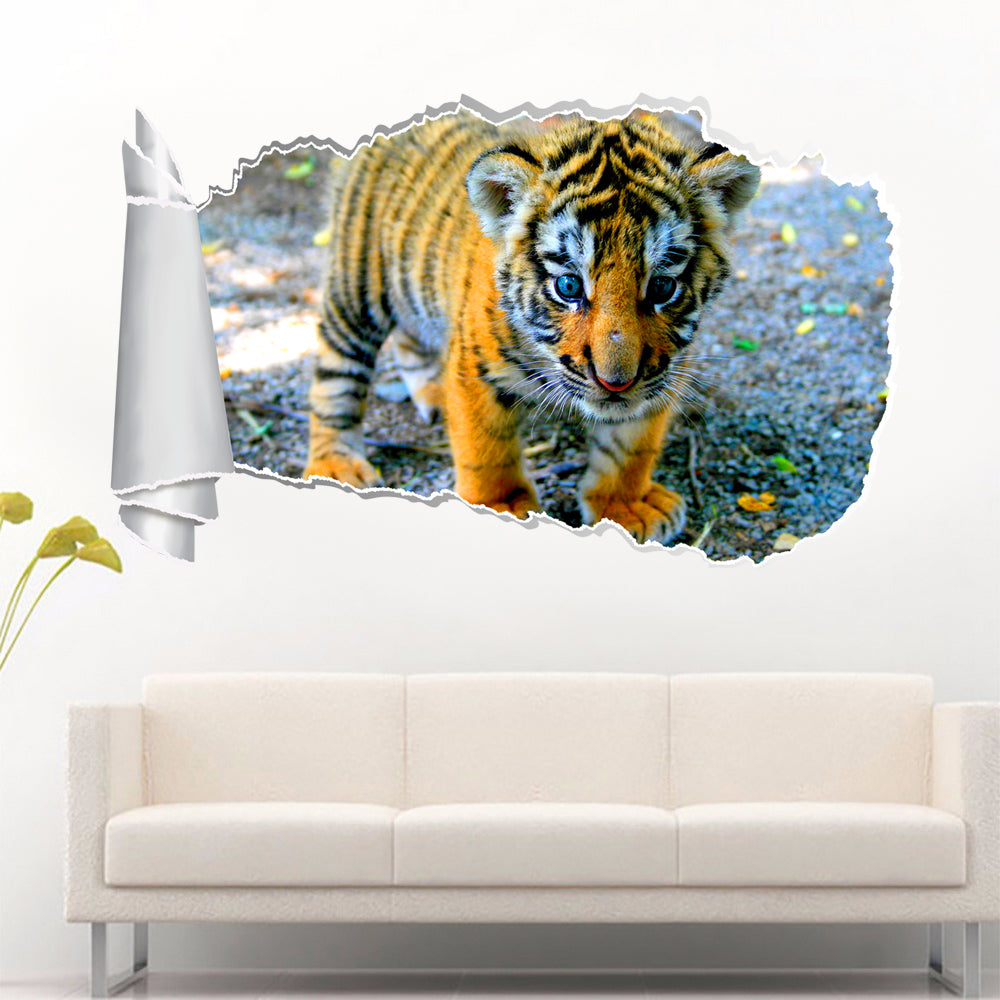 Tiger Cub 3D Torn Paper Hole Ripped Effect Decal Wall Sticker