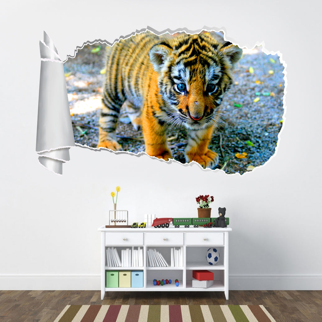 Tiger Cub 3D Torn Paper Hole Ripped Effect Decal Wall Sticker