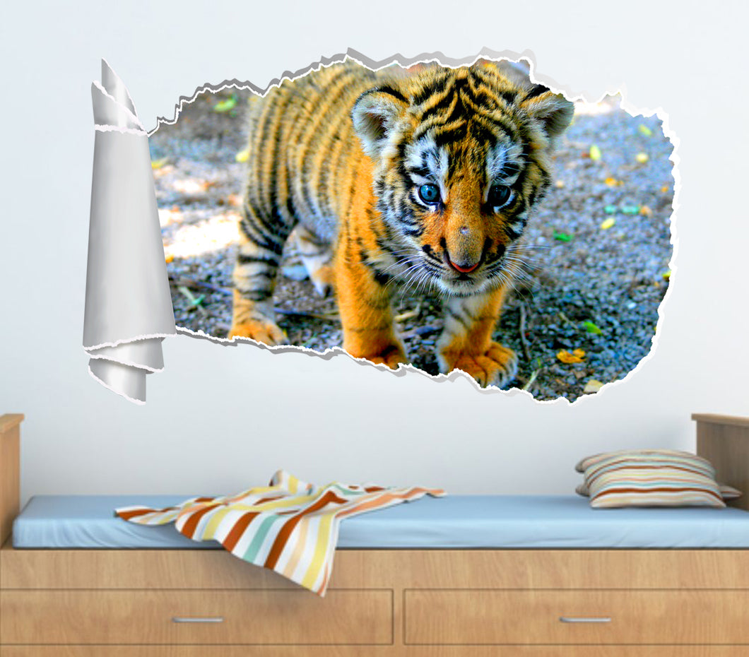 Tiger Cub 3D Torn Paper Hole Ripped Effect Decal Wall Sticker
