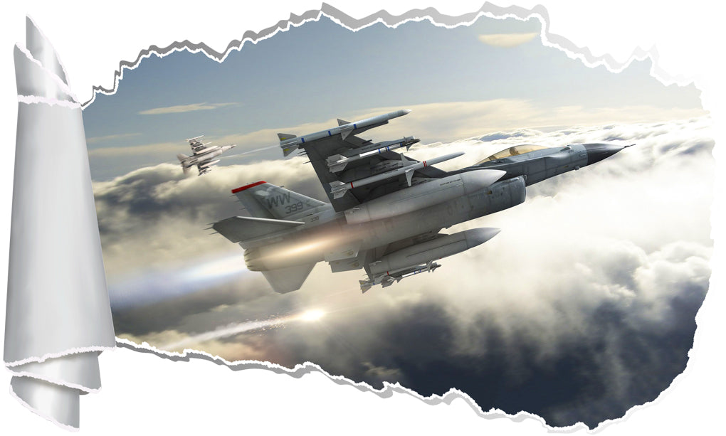 F-16 Fighting Falcon Airplane 3D Torn Paper Hole Ripped Effect Decal Wall Sticker