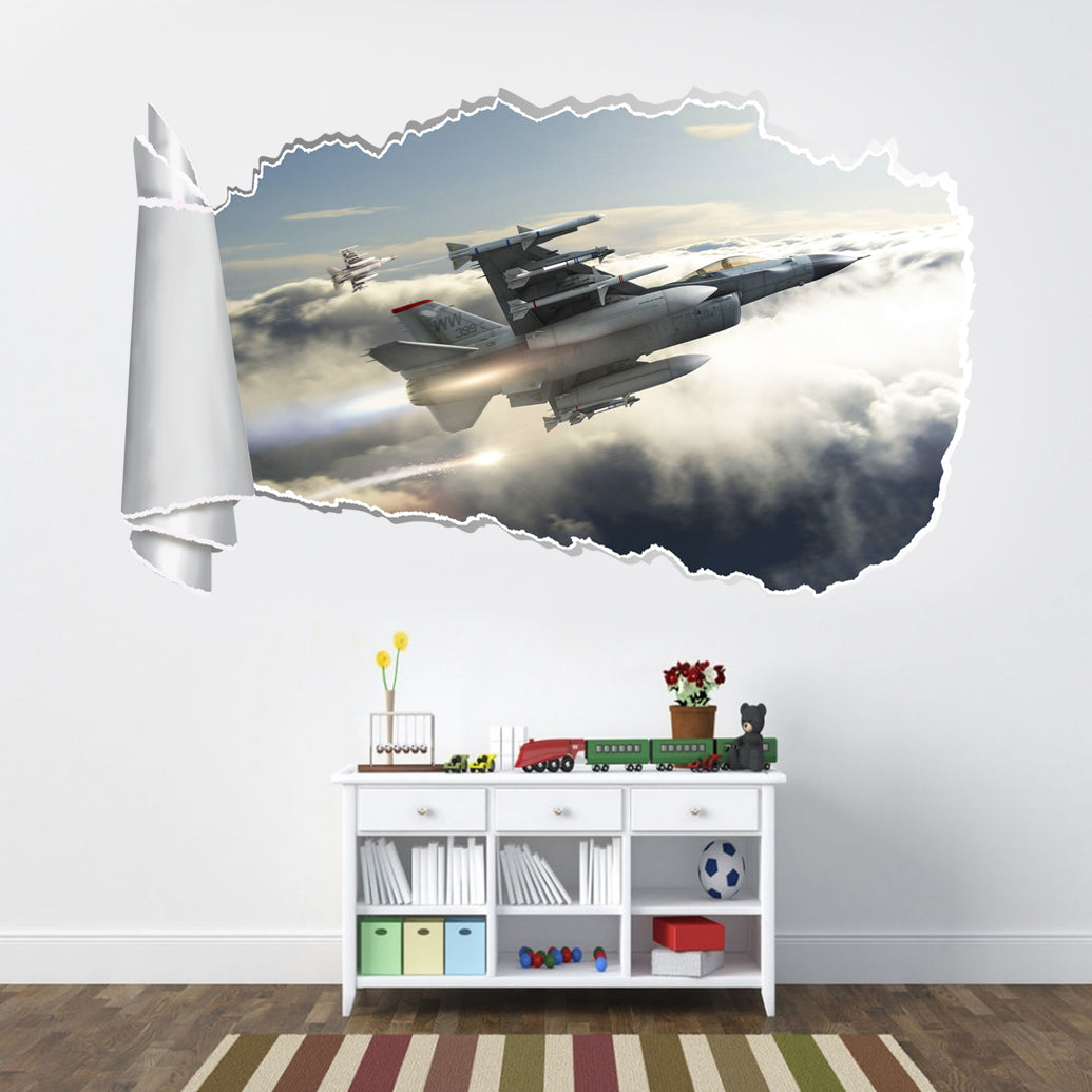 F-16 Fighting Falcon Airplane 3D Torn Paper Hole Ripped Effect Decal Wall Sticker