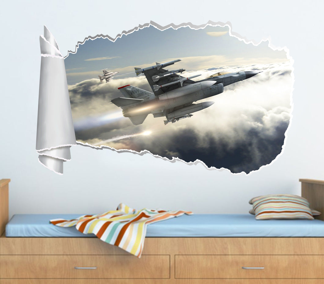 F-16 Fighting Falcon Airplane 3D Torn Paper Hole Ripped Effect Decal Wall Sticker