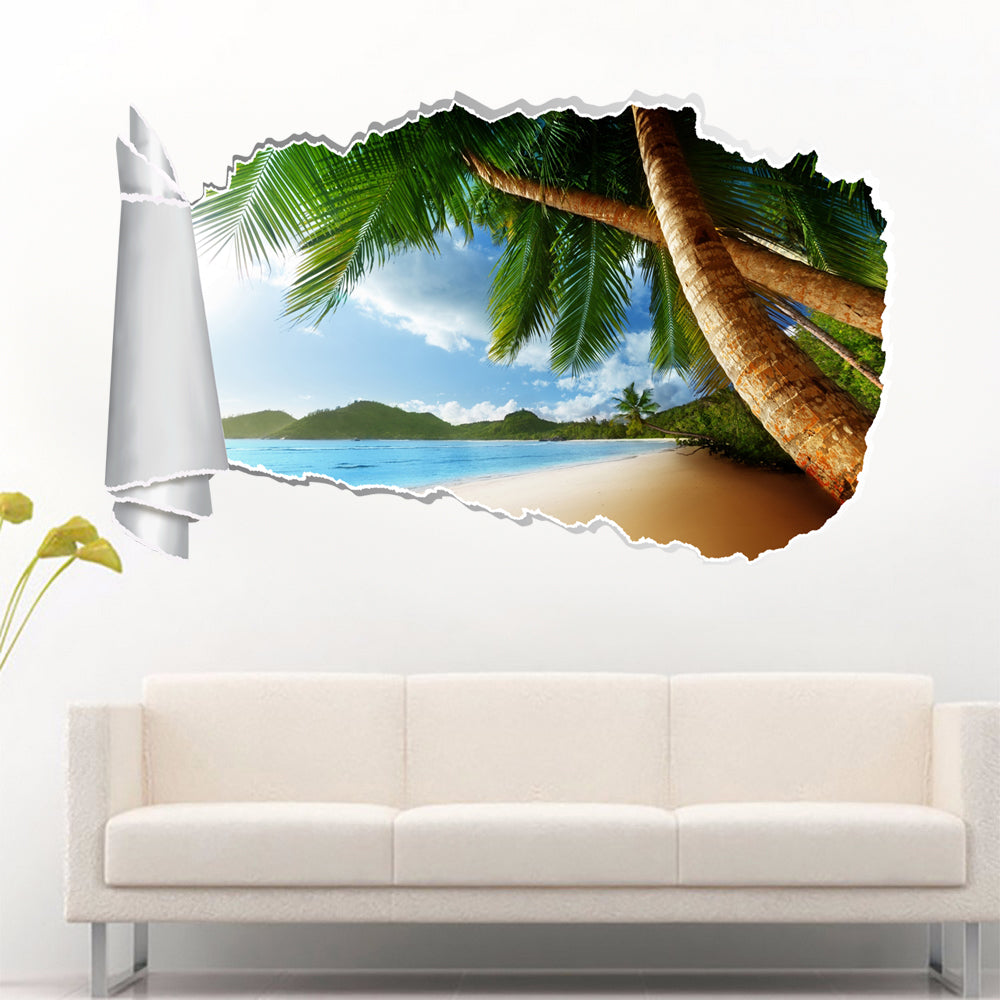 Exotic Palm Tree Beach Island 3D Torn Paper Hole Ripped Effect Decal Wall Sticker