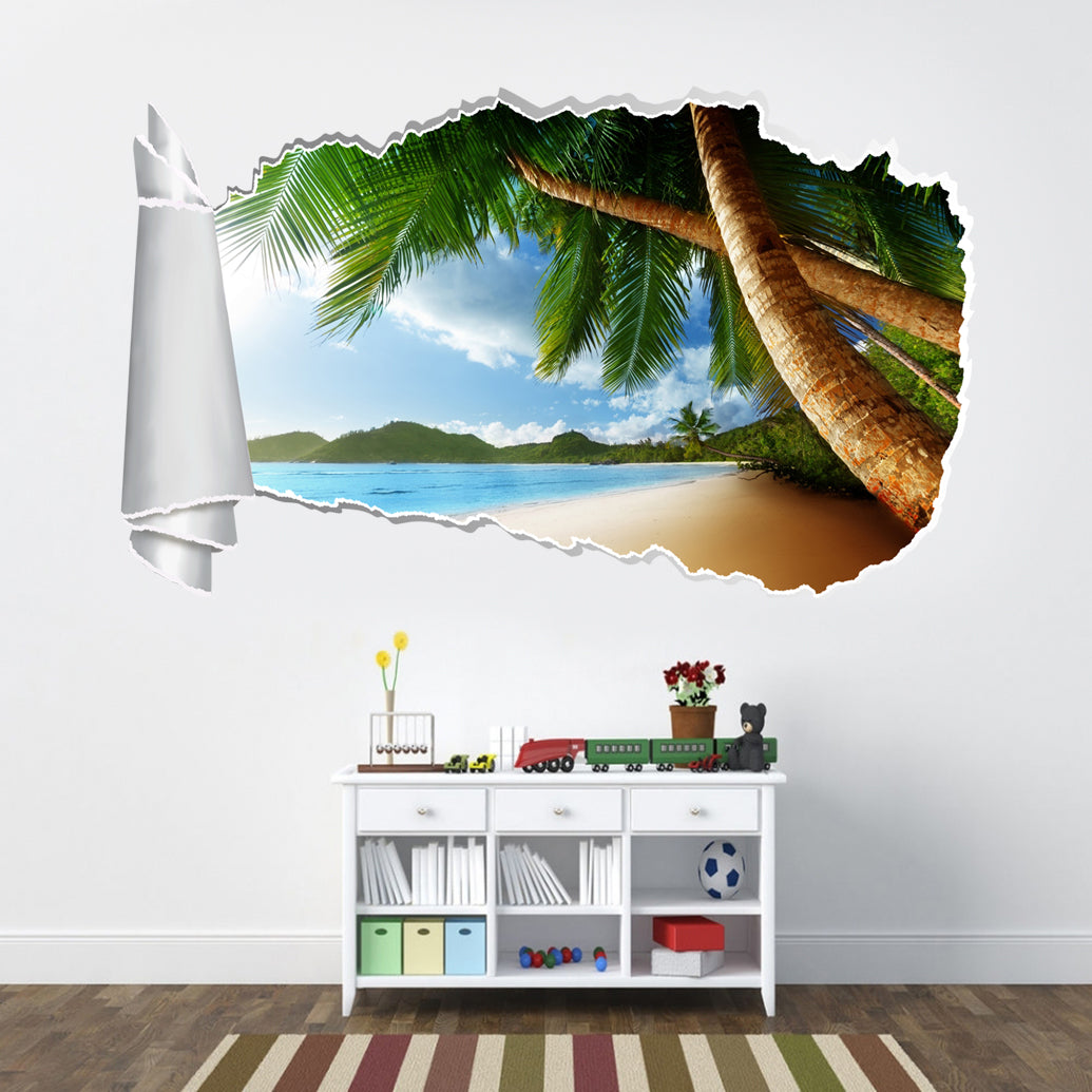Exotic Palm Tree Beach Island 3D Torn Paper Hole Ripped Effect Decal Wall Sticker