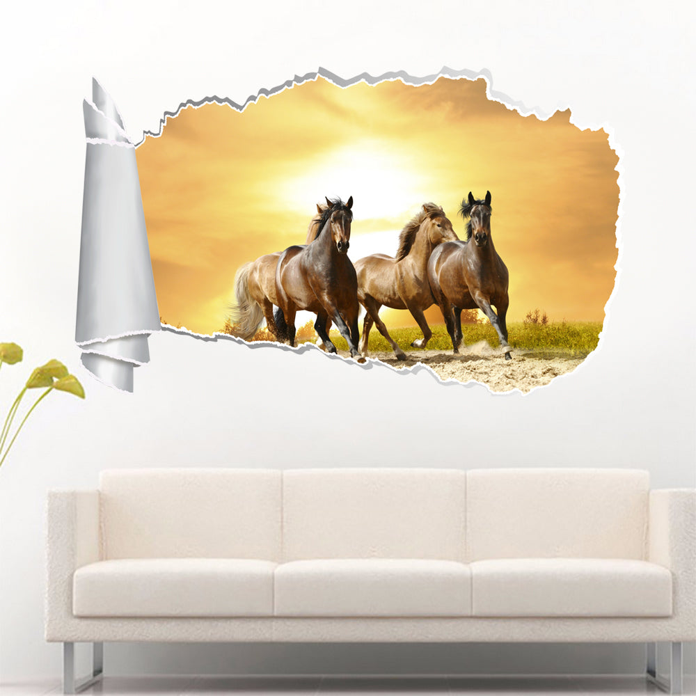 Horses Galloping Sunset 3D Torn Paper Hole Ripped Effect Decal Wall Sticker