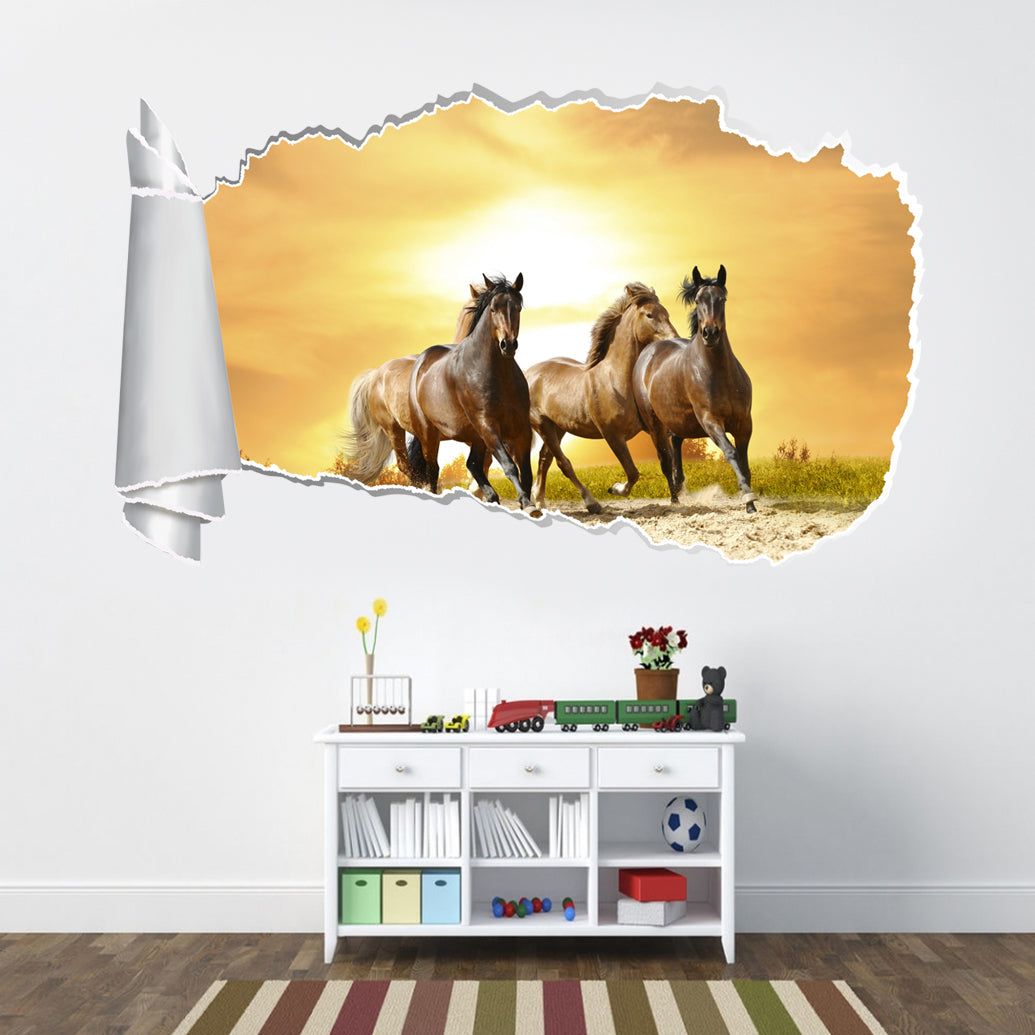 Horses Galloping Sunset 3D Torn Paper Hole Ripped Effect Decal Wall Sticker
