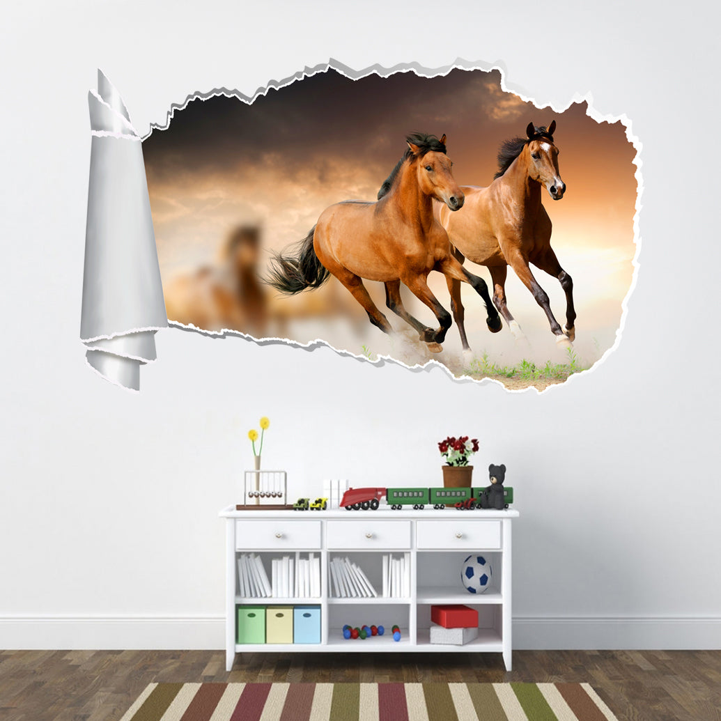 Horses Galloping Sunset 3D Torn Paper Hole Ripped Effect Decal Wall Sticker